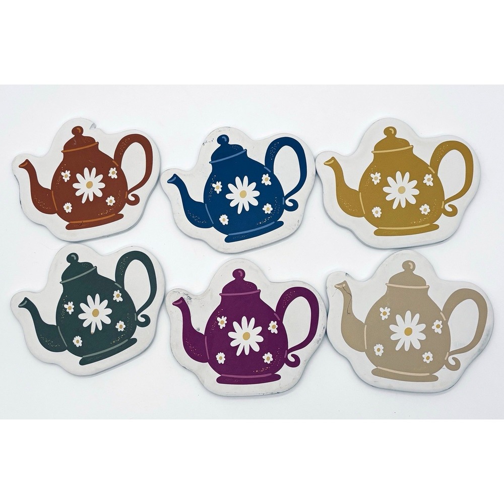 Teapot Shape Floral Cork-Backed Coaster Set, Multicolor Vintage Tea, 6pc